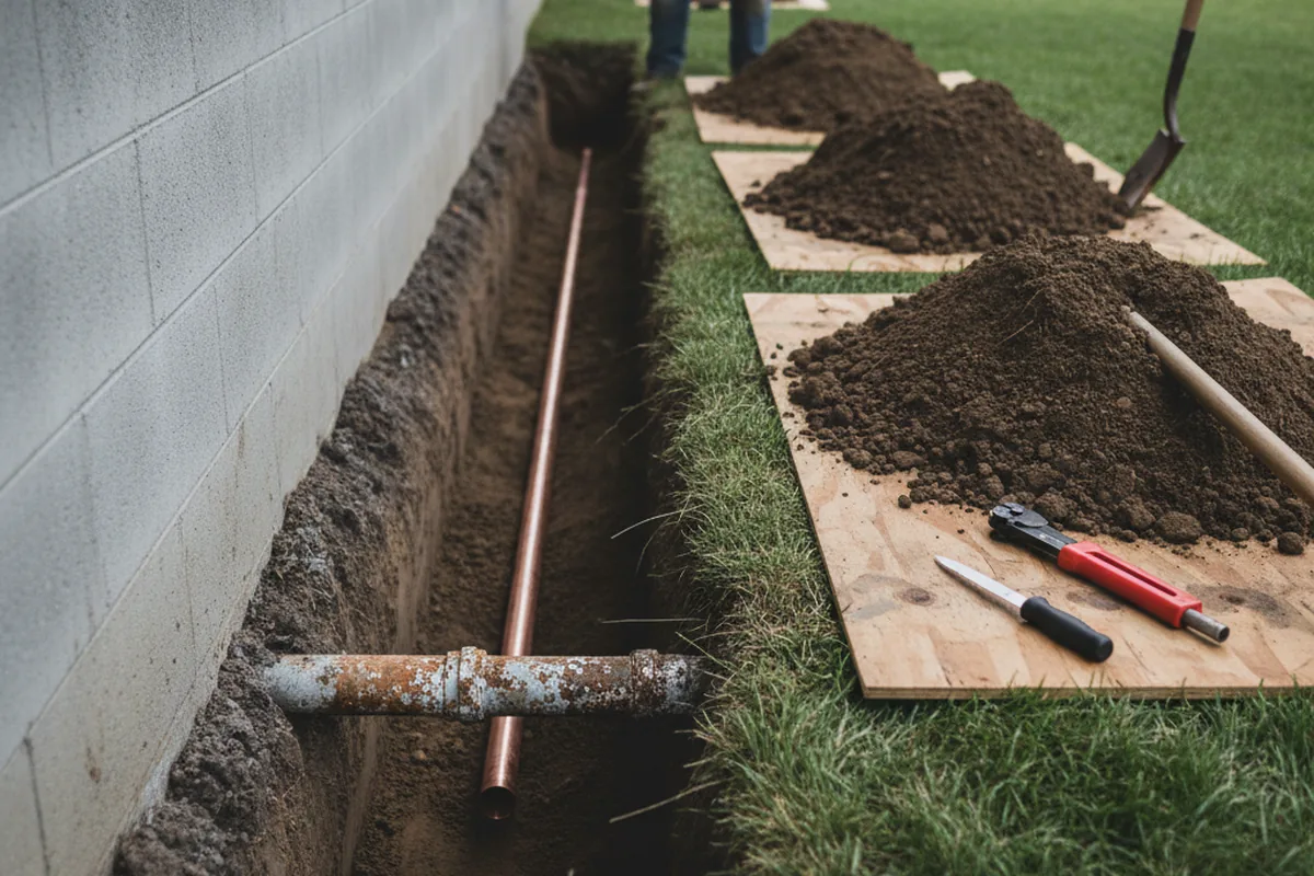 Excavated water line trench during Water Softener Installation in Madison Heights